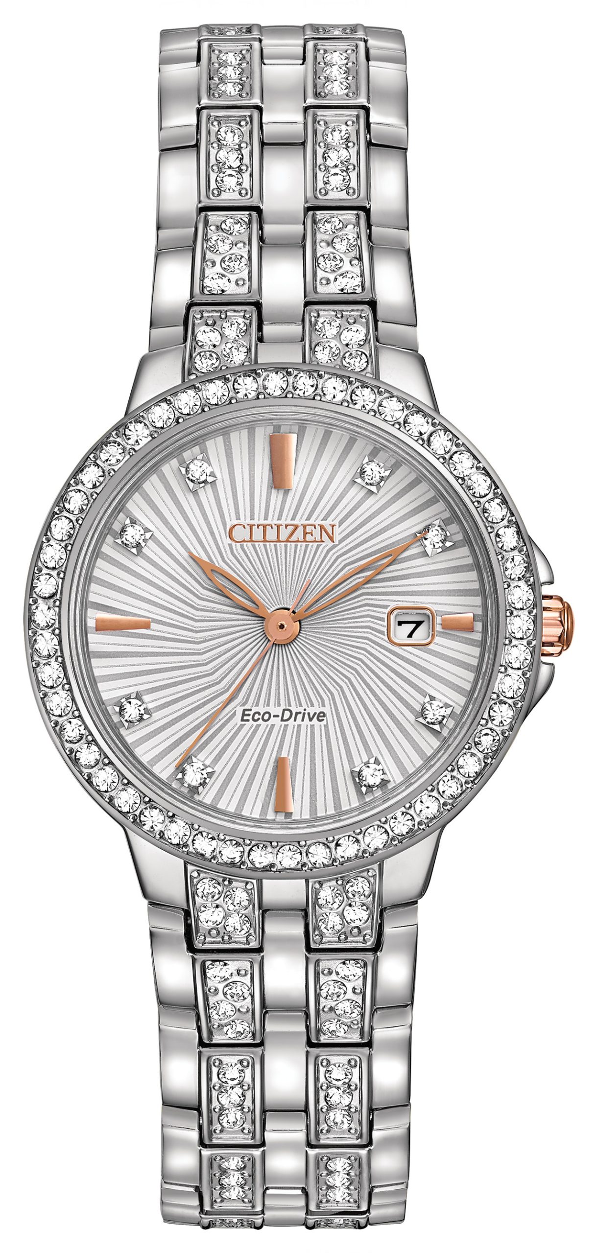 Ladies'' Silhouette Crystal Eco-Drive Watch, SS, Two-tone Dial and brilliant Crystals