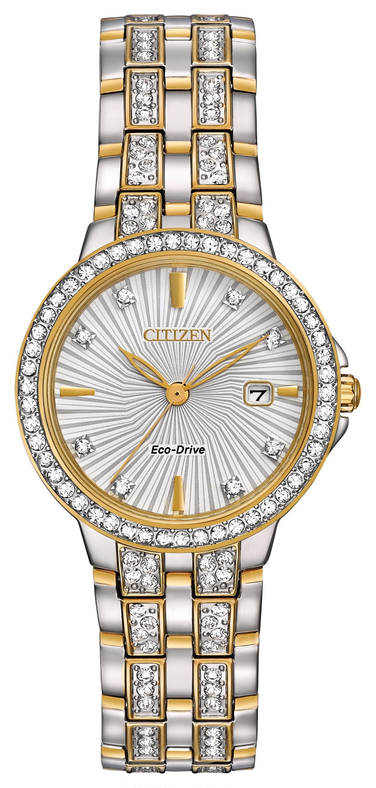 Ladies'' Silhouette Crystal Eco-Drive Watch, Two-tone SS Bracelet, Swarvoski Crystal Accents