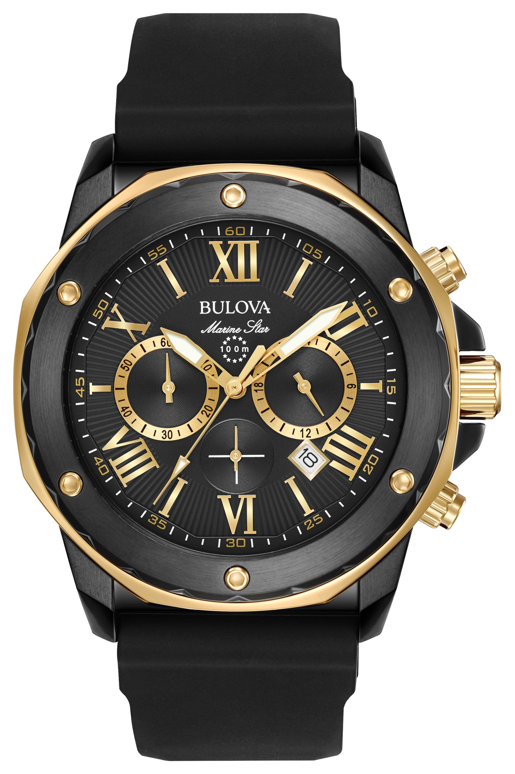 Men's Marine Star Watch, Black Rubber Strap with Gold-tone Accents