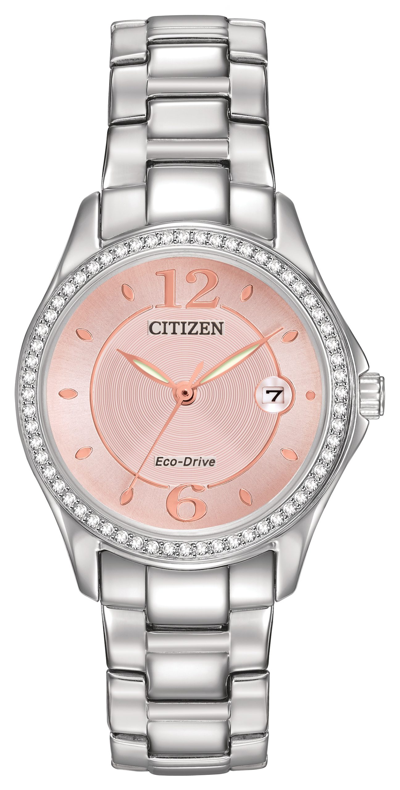 Ladies'' Silhouette Crystal Eco-Drive Watch, Stainless Steel with Pink Dial