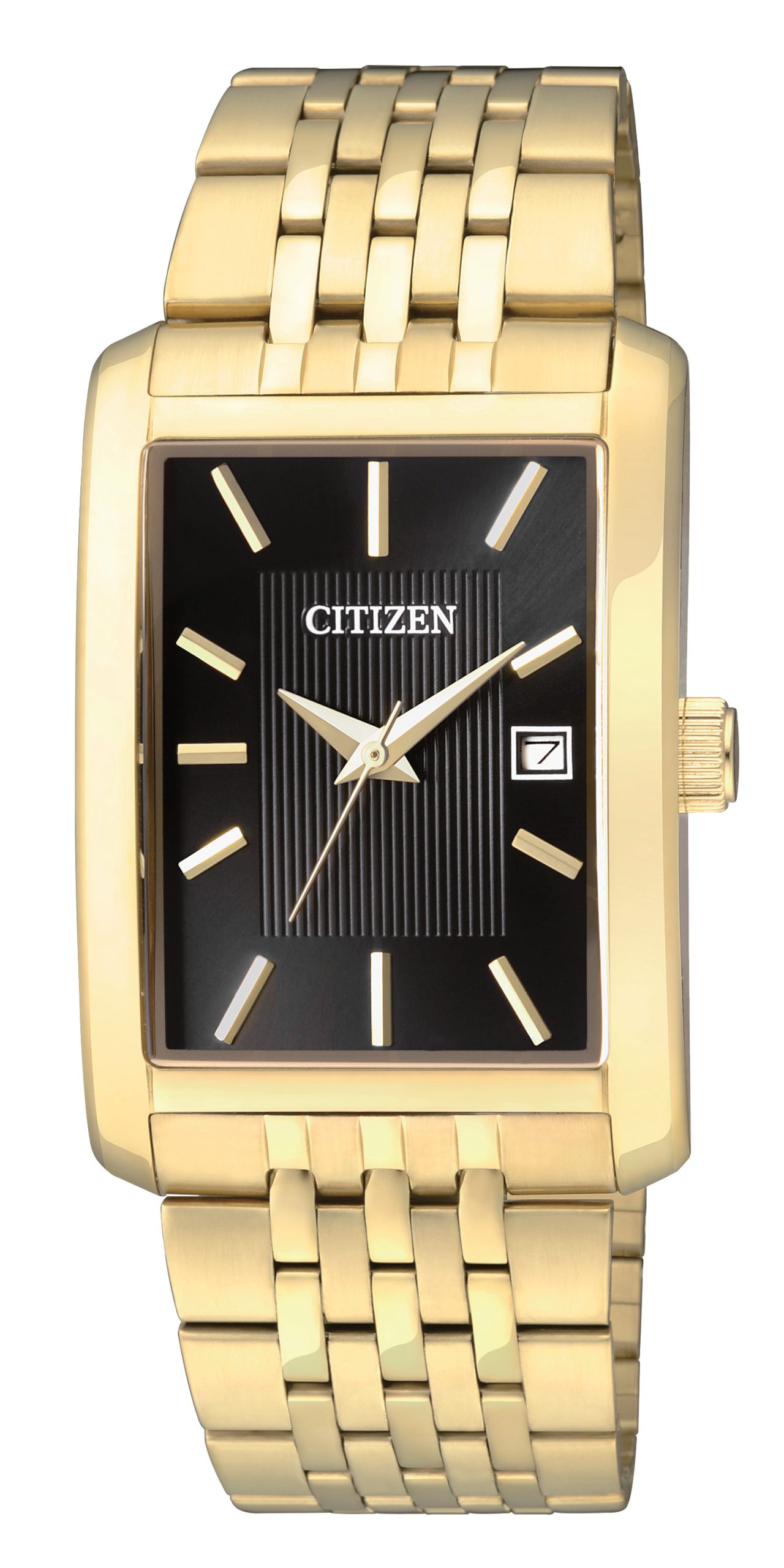 Men's Quartz Gold-Tone Stainless Steel Watch with Black Dial and Date