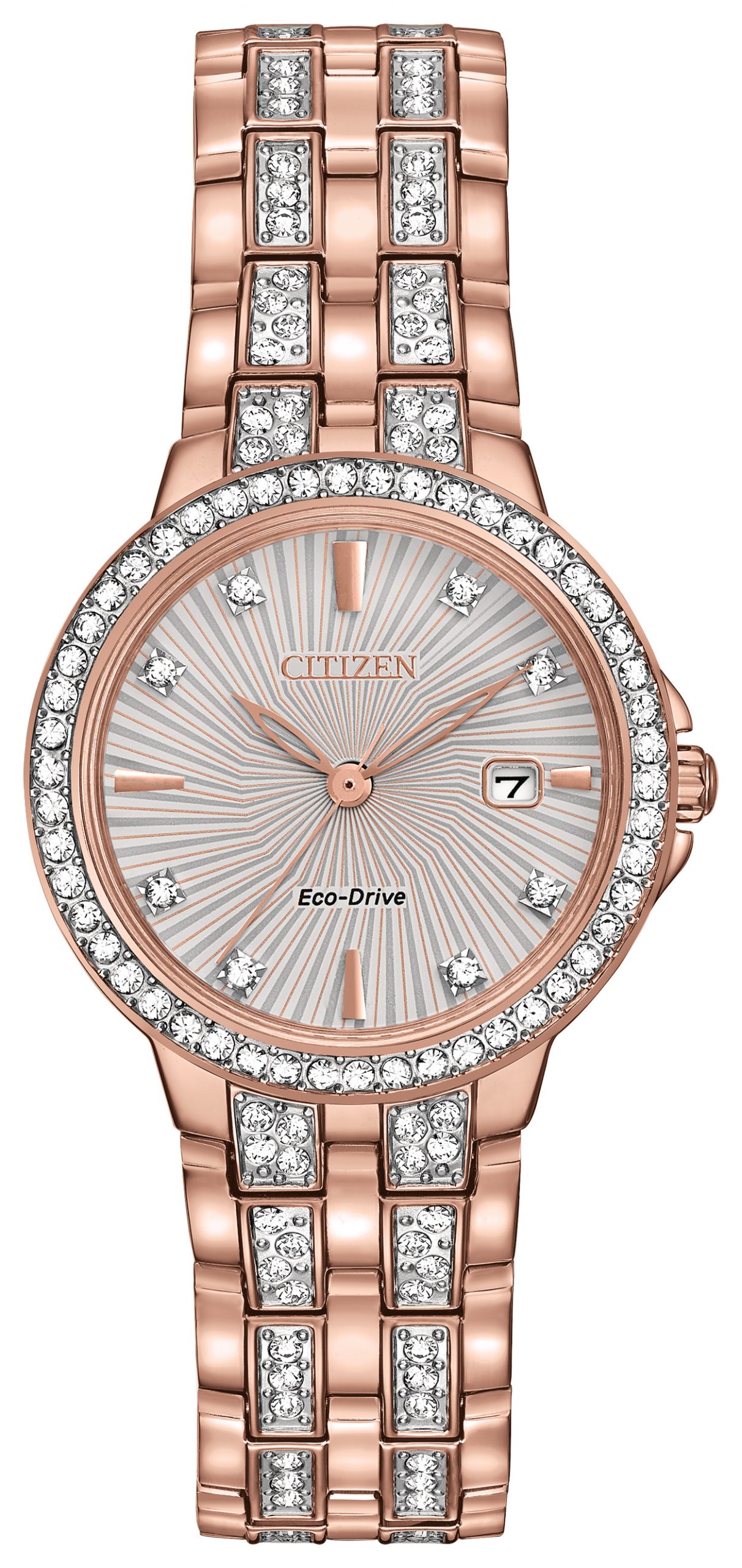 Ladies'' Silhouette Eco-Drive Watch, Pink Gold-tone with Two-tone Dial and brilliant Crystals