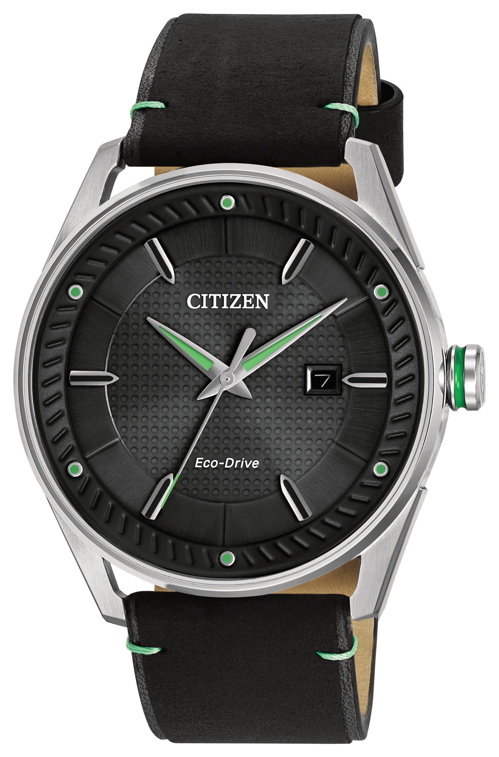 Men's Drive Eco-Drive Watch, Black Strap and Black Dial with Green Accents